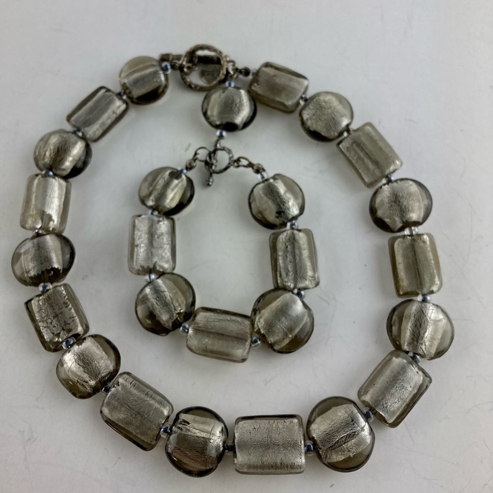 White House Black Market Lampwork Smokey Silver Foiled Bead Necklace & Bracelet